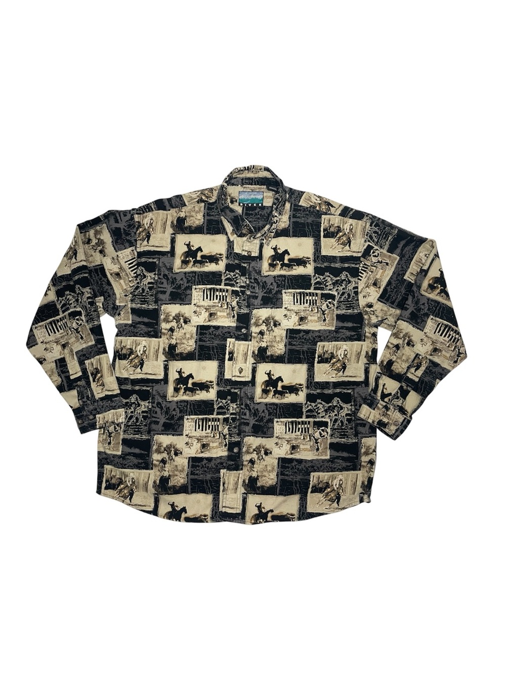 River Men’s Large Western Cowboy Ranch Print Shirt 100% Cotton Retro Rodeo